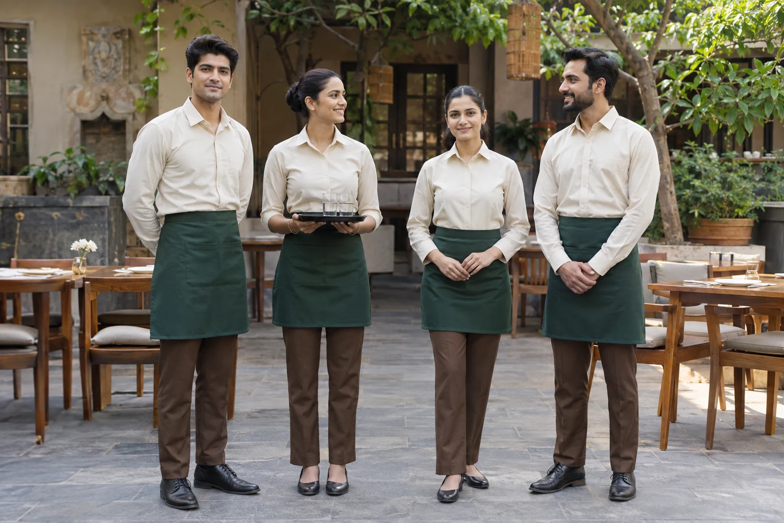 Catalogue design concept: Service with a Signature. Cream shirts and forest-green waist aprons. North Indian models in an Indian setting.