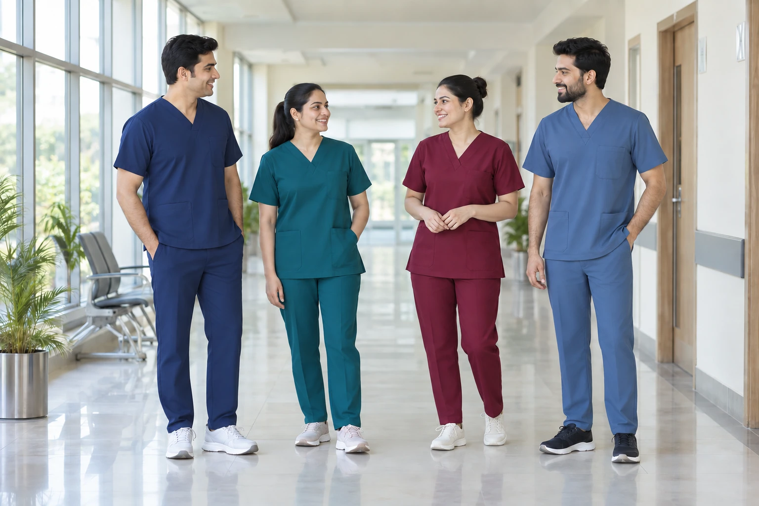 Catalogue design concept: Hospital & Medical Uniforms. Scrubs, lab coats, nursing uniforms and patient clothing made to your institution’s specification. North Indian models in an Indian setting.
