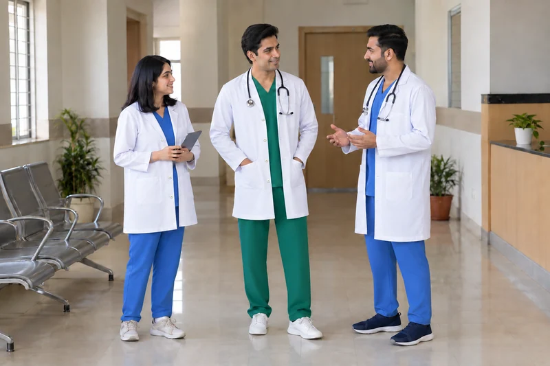 The Classic Doctor Coat. Crisp white coats over coordinated blue and green scrubs. — collection preview