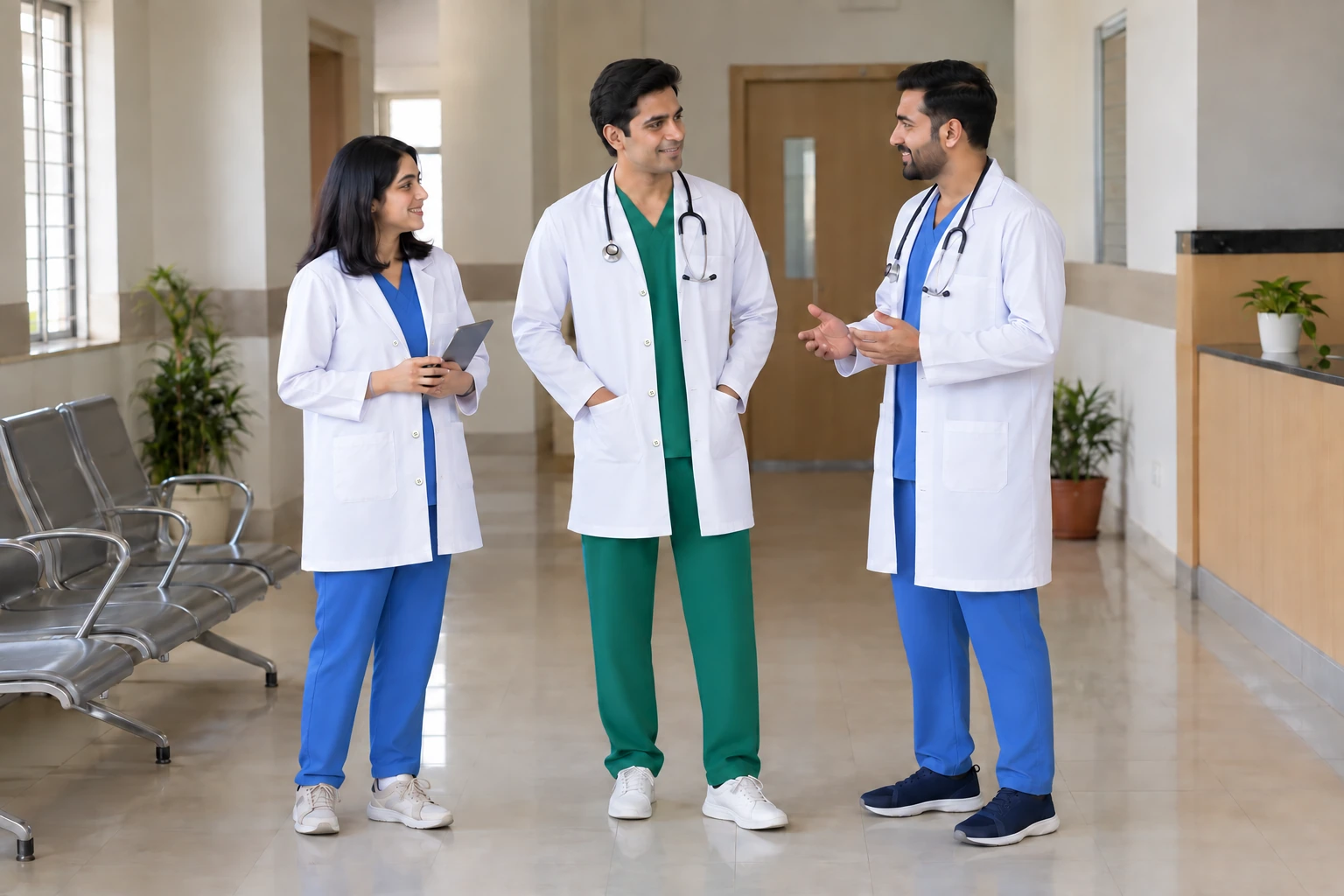 Catalogue design concept: The Classic Doctor Coat. Crisp white coats over coordinated blue and green scrubs. North Indian models in an Indian setting.