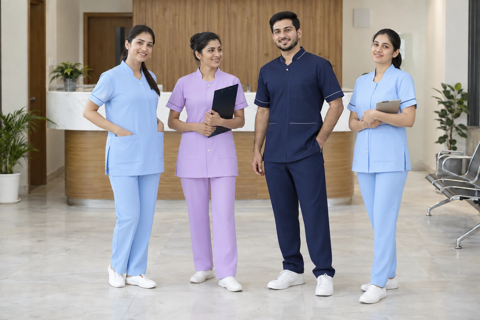 Catalogue design concept: Calm Colours. Practical Details.. Nursing tunics and trousers in blue, lilac and navy. North Indian models in an Indian setting.