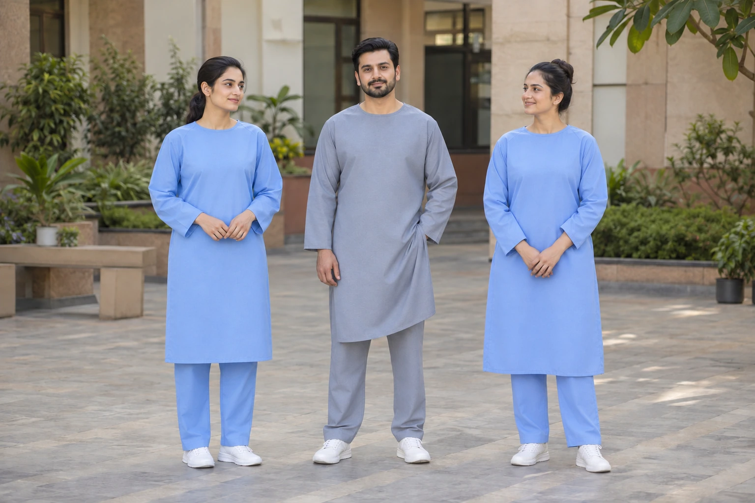 Catalogue design concept: Patient-wear Tunic Sets. Modest blue and grey patient-wear tunics with matching trousers. North Indian models in an Indian setting.