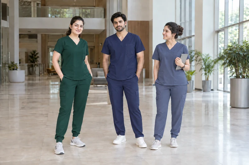 A Modern Scrub Silhouette. Jogger and straight-leg scrubs in forest green, navy and slate. — collection preview