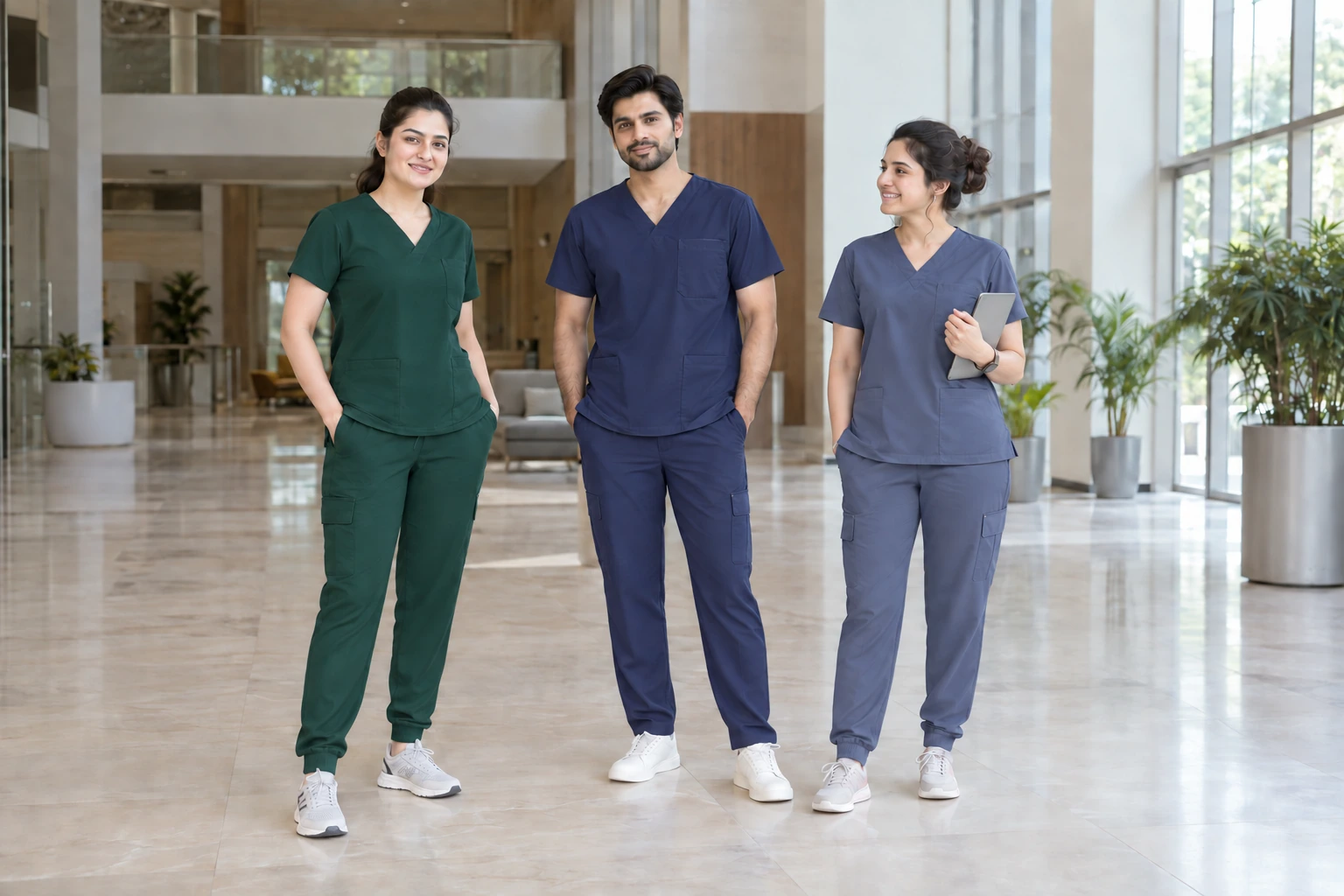Catalogue design concept: A Modern Scrub Silhouette. Jogger and straight-leg scrubs in forest green, navy and slate. North Indian models in an Indian setting.
