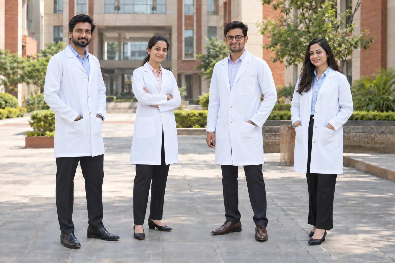 Catalogue design concept: Ready for the Next Chapter. White lab coats for medical colleges and clinical teams. North Indian models in an Indian setting.
