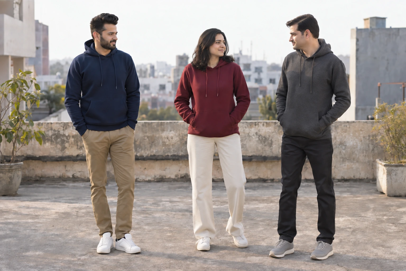 Catalogue design concept: Weight, Shape & Comfort. Navy, charcoal and burgundy hoodies with coordinated trousers. North Indian models in an Indian setting.