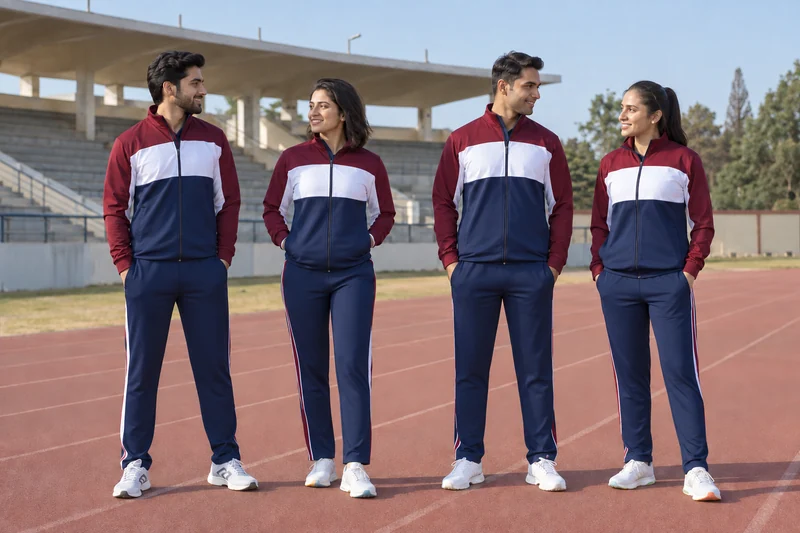 Together, On and Off the Field. Burgundy and navy tracksuits with clean white panels. — collection preview