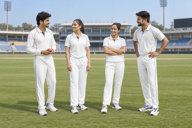 A Fresh Take on Cricket Whites. White cricket uniforms finished with subtle navy trim. — collection preview