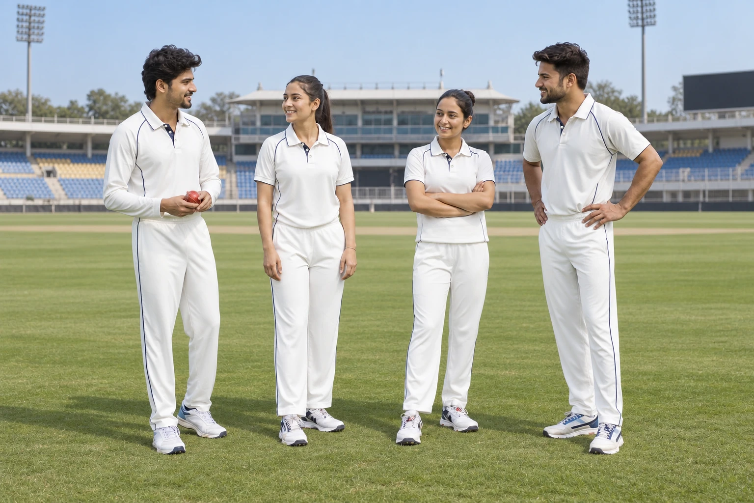Catalogue design concept: A Fresh Take on Cricket Whites. White cricket uniforms finished with subtle navy trim. North Indian models in an Indian setting.