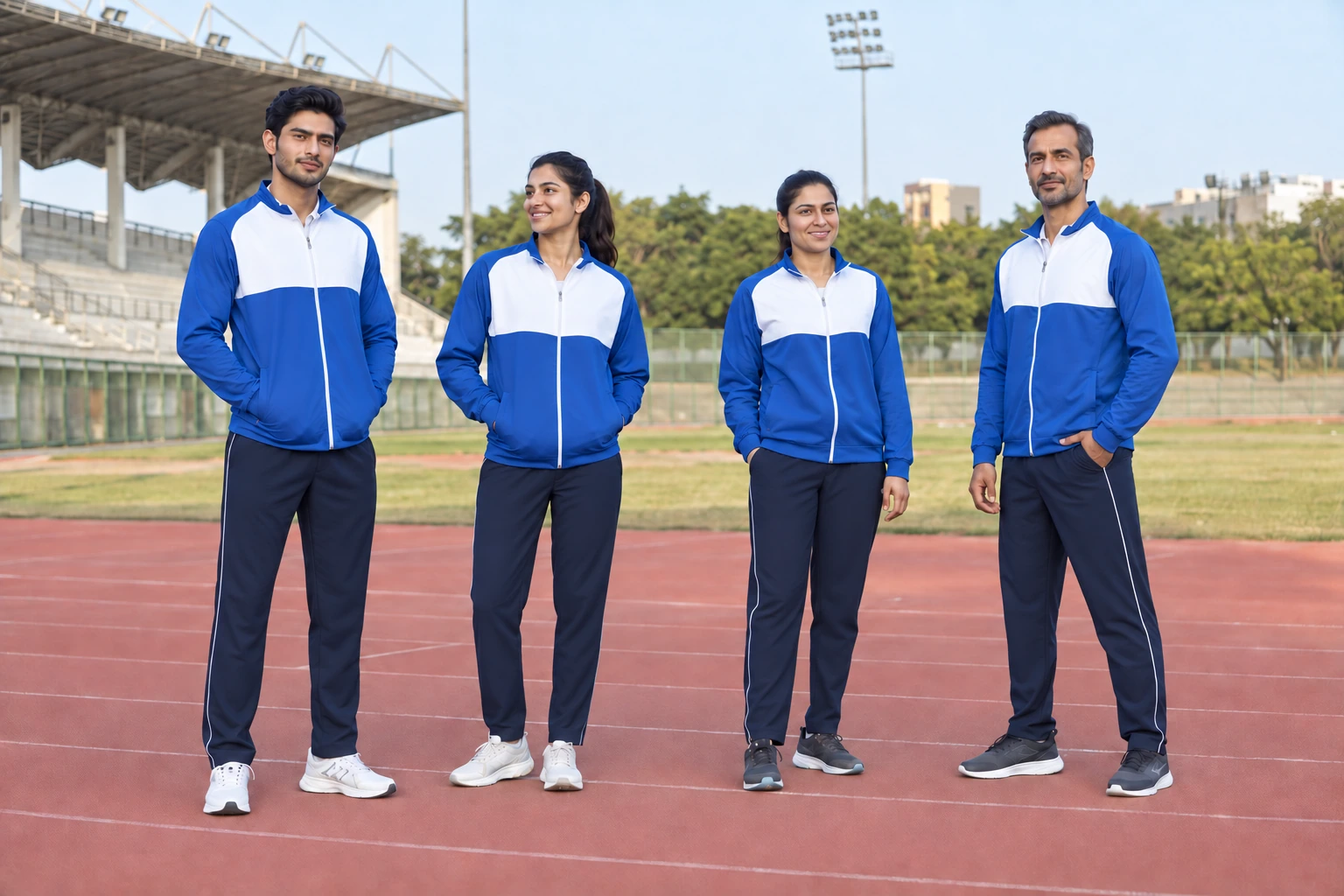 Catalogue design concept: The Warm-Up Collection. Blue and white jackets with navy track trousers. North Indian models in an Indian setting.