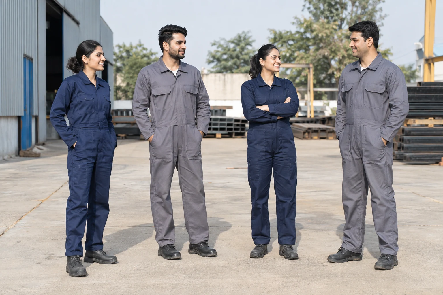 Catalogue design concept: The Everyday Coverall. Navy and grey full-length workwear. North Indian models in an Indian setting.