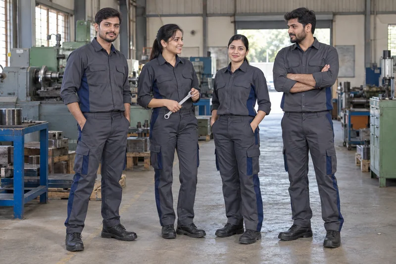 Maintenance, Made Practical. Charcoal uniforms with considered navy panels. — collection preview