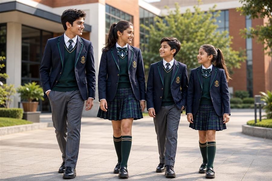 Students wearing custom navy school blazers with embroidered crests
