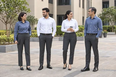 Catalogue design concept: The Everyday Professional. Slate-blue and white shirts, finished with charcoal trousers. North Indian models in an Indian setting.
