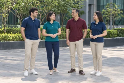 Catalogue design concept: Polos with Presence. Navy, teal and burgundy polos for a confident team identity. North Indian models in an Indian setting.