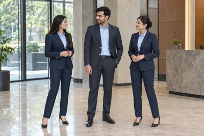 Catalogue design concept: Tailored to Represent You. Charcoal and navy blazers with light-blue shirting. North Indian models in an Indian setting.