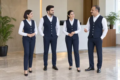 Catalogue design concept: A Considered First Impression. Navy waistcoats, white shirts and tailored trousers. North Indian models in an Indian setting.