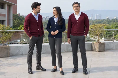 Catalogue design concept: Layers for the Working Day. Fine-knit cardigans paired with formal shirts and trousers. North Indian models in an Indian setting.