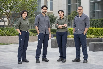 Catalogue design concept: Made for Teams on the Move. Slate and olive overshirts with practical navy trousers. North Indian models in an Indian setting.