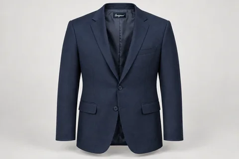 Blazers — Men's navy two-button single-breasted blazer, notch lapels, welt breast pocket, flap hip pockets, fully lined; tone-matched navy buttons. product front. Illustrative catalogue concept.