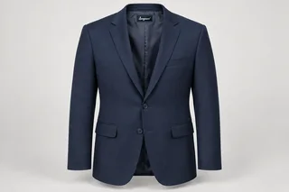 Blazers — Men's navy two-button single-breasted blazer, notch lapels, welt breast pocket, flap hip pockets, fully lined; tone-matched navy buttons. product front. Illustrative catalogue concept.