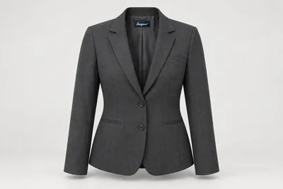 Blazers — Women's charcoal-grey single-breasted two-button blazer, notch lapels, lightly shaped waist, welt breast pocket, tonal charcoal buttons. product front. Illustrative catalogue concept.