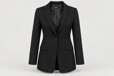 Blazers — Women's black one-button longline blazer, narrow notch lapels, two hip flap pockets, tonal black button. product front. Illustrative catalogue concept.