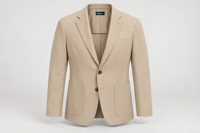 Blazers — Men's sand-beige two-button blazer, soft notch lapels, lower patch pockets, brown horn-effect buttons. product front. Illustrative catalogue concept.