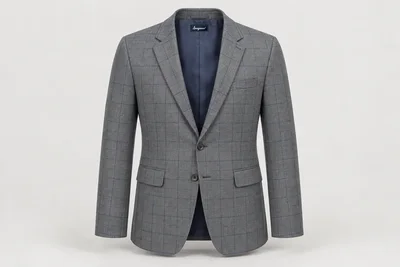 Blazers — Men's medium grey blazer with subtle fine navy windowpane check, two buttons, notch lapels, grey horn-effect buttons. product front. Illustrative catalogue concept.