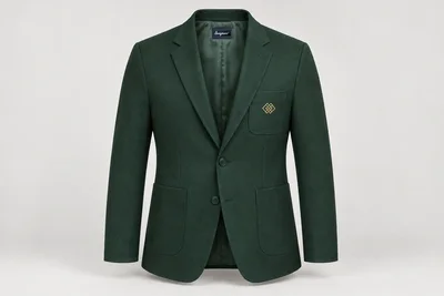 Blazers — Men's deep forest-green two-button blazer, upper patch pocket with small original gold geometric embroidery, tonal dark green buttons. product front. Illustrative catalogue concept.