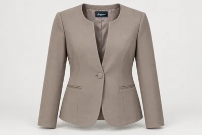 Blazers — Women's taupe collarless blazer with clean round neckline and one tonal covered button, lightly shaped waist. product front. Illustrative catalogue concept.