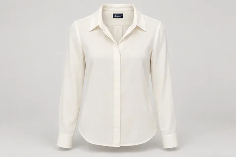 Corporate Blouses — Ivory women's long-sleeve crepe blouse, point collar, concealed button placket, simple cuffs. product front. Illustrative catalogue concept.