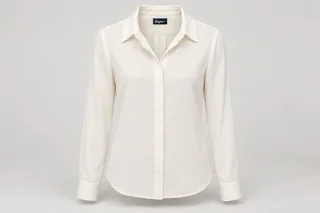 Corporate Blouses — Ivory women's long-sleeve crepe blouse, point collar, concealed button placket, simple cuffs. product front. Illustrative catalogue concept.