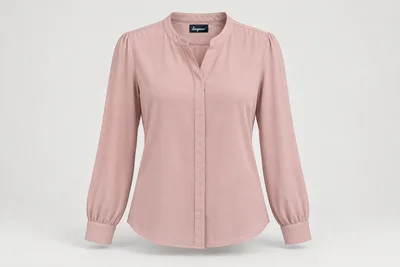 Corporate Blouses — Dusty blush women's long-sleeve band-collar blouse with narrow covered placket. product front. Illustrative catalogue concept.