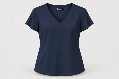 Corporate Blouses — Navy women's short-sleeve modest V-neck blouse with softly shaped seams and no buttons. product front. Illustrative catalogue concept.