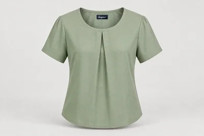 Corporate Blouses — Sage-green women's short-sleeve round-neck blouse with one controlled centre pleat. product front. Illustrative catalogue concept.