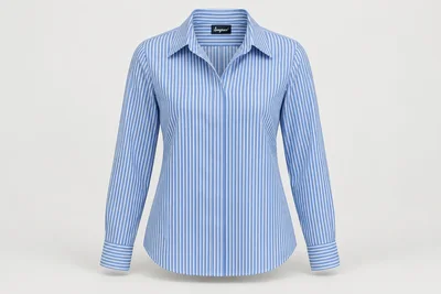 Corporate Blouses — Fine blue-white vertical striped women's long-sleeve blouse, collar and concealed placket. product front. Illustrative catalogue concept.
