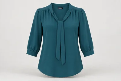 Corporate Blouses — Deep teal women's three-quarter-sleeve blouse with a slim relaxed tie-neck, untied narrow ends lie neatly without blocking inside back neck. product front. Illustrative catalogue concept.