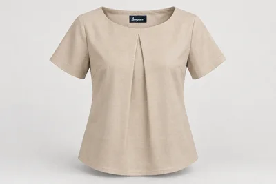 Corporate Blouses — Stone-beige women's short-sleeve blouse, modest shallow boat neck and small front box pleat. product front. Illustrative catalogue concept.