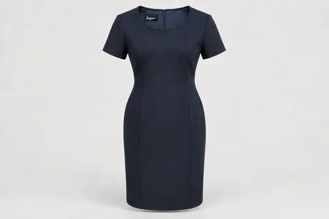 Corporate Dresses — Women's navy knee-length short-sleeve tailored sheath dress, modest round neckline, princess seams. product front. Illustrative catalogue concept.