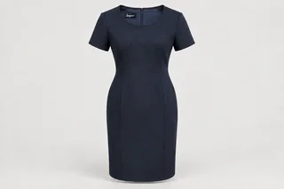 Corporate Dresses — Women's navy knee-length short-sleeve tailored sheath dress, modest round neckline, princess seams. product front. Illustrative catalogue concept.