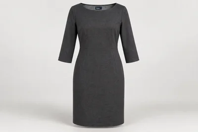 Corporate Dresses — Women's charcoal knee-length three-quarter-sleeve shift dress, modest boat neck, subtle waist seams. product front. Illustrative catalogue concept.