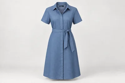 Corporate Dresses — Women's steel-blue below-knee short-sleeve shirt dress, point collar, covered placket and matching fabric belt. product front. Illustrative catalogue concept.