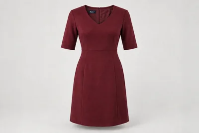 Corporate Dresses — Women's burgundy knee-length elbow-sleeve tailored dress, modest shallow V-neck, smooth panels. product front. Illustrative catalogue concept.