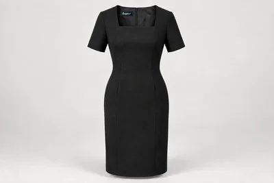 Corporate Dresses — Women's black below-knee short-sleeve sheath dress, modest square neckline and shaped waist. product front. Illustrative catalogue concept.