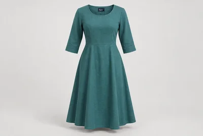 Corporate Dresses — Women's muted teal below-knee three-quarter-sleeve A-line dress, modest round neck and waist seam. product front. Illustrative catalogue concept.