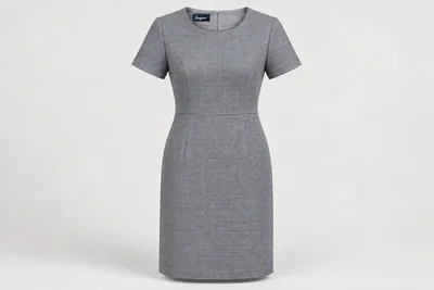 Corporate Dresses — Women's pale-grey fine navy microcheck knee-length short-sleeve office dress with modest round neck. product front. Illustrative catalogue concept.