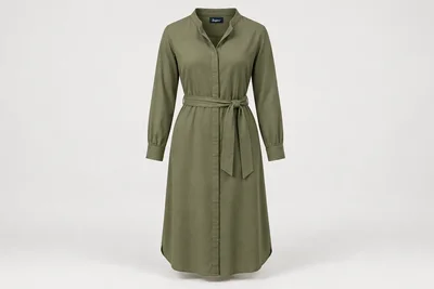 Corporate Dresses — Women's muted olive below-knee long-sleeve corporate shirt dress, band collar, covered placket and matching fabric belt. product front. Illustrative catalogue concept.