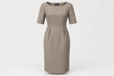 Corporate Dresses — Women's taupe below-knee elbow-sleeve dress, modest boat neck and waist darts. product front. Illustrative catalogue concept.