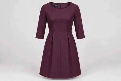Corporate Dresses — Women's deep plum knee-length three-quarter-sleeve panelled office dress, modest round neckline. product front. Illustrative catalogue concept.